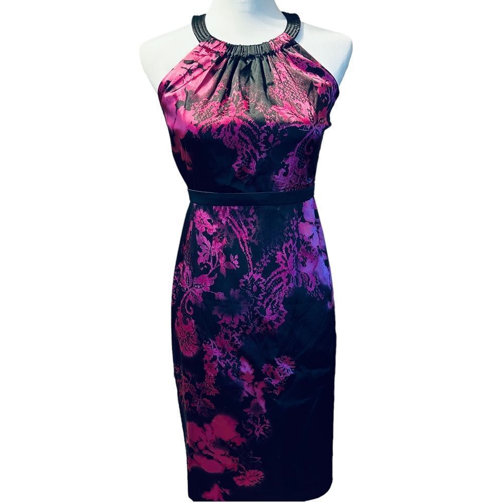 Tahari Pink And Black Floral Print  Dress Size 4P
